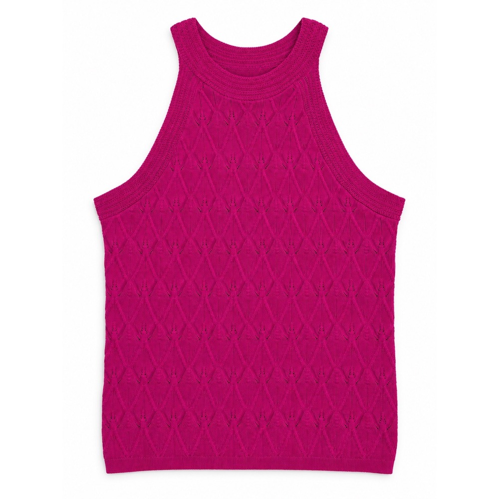 Adrienne Landau Quartz Magenta Pink Pointelle Knit Halter Tank Top Large NWT